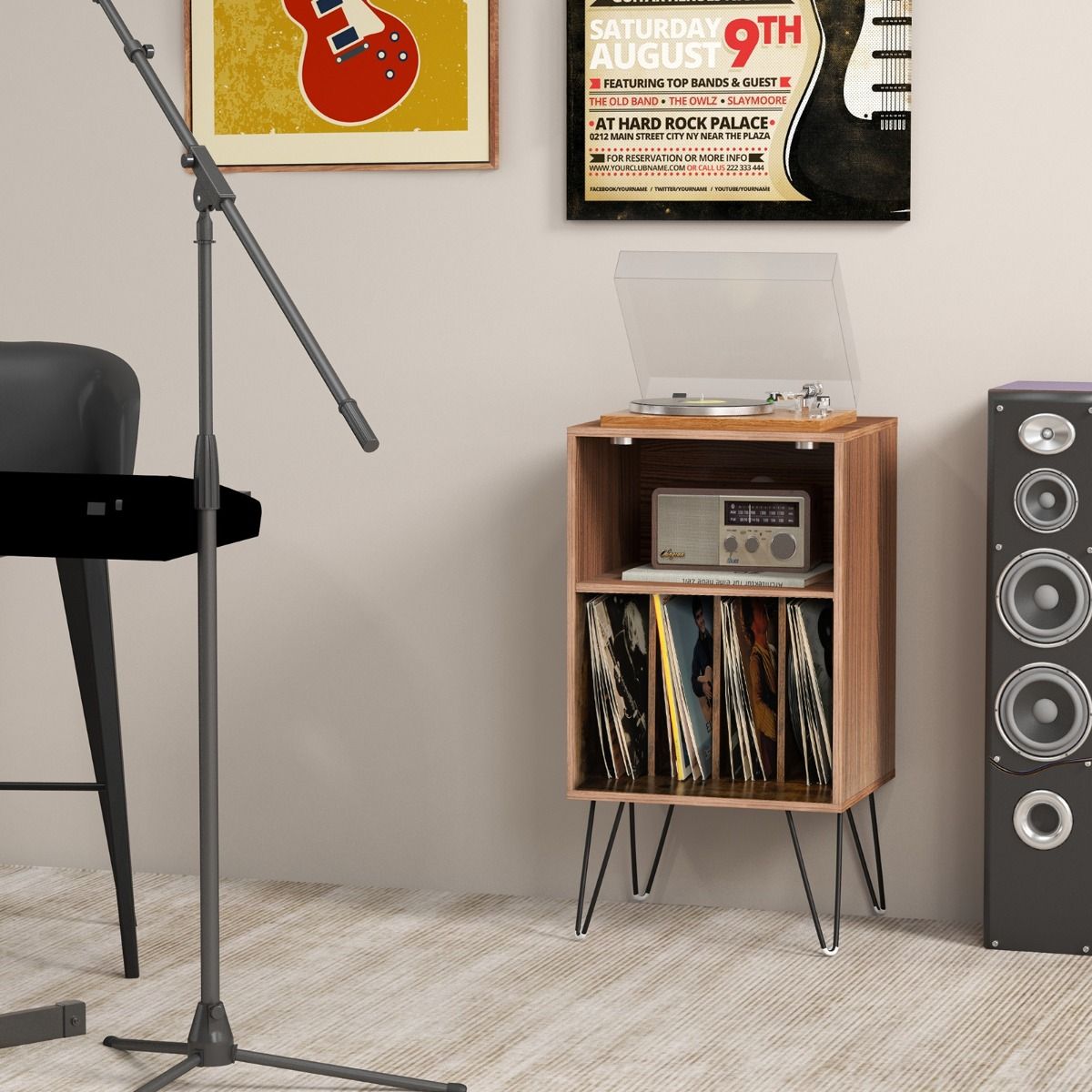 Support pour platines Coast - 3 niveaux - avec station de recharge et 4 prises - marron rustique