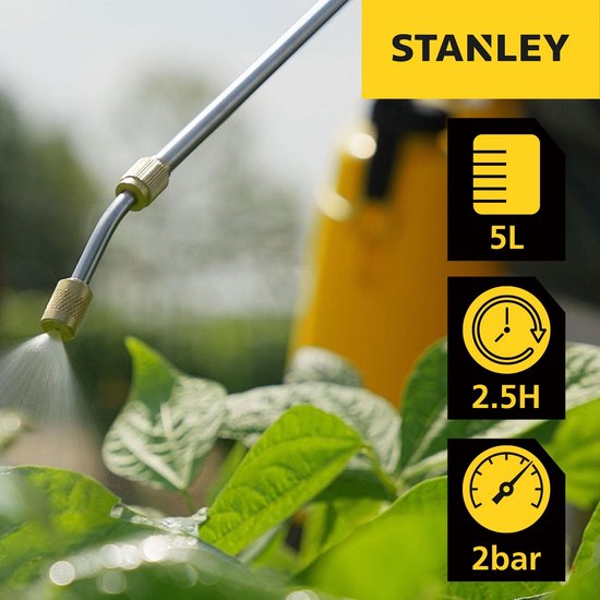 Stanley Pressure Sprayer 5 L, pulvérisateur à pression, pulvérisateur de jardin, électrique, batterie rechargeable lithium, lance télescopique, buse réglable, autonomie 2.5 h, max 2 bar, 0.33 L/minute, jaune/noir