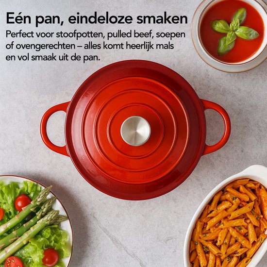 Casserole en fonte Aviro - Ø26CM - 5L - Toutes sources de chaleur y compris induction - Ragoût - Sans PFAS - Avec couvercle - Rouge