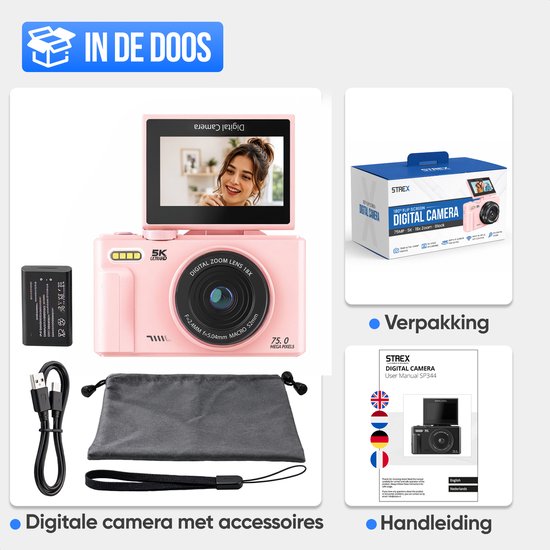 Appareil photo numérique Strex 5K 75 MP - Appareil photo - Appareil photo compact avec Wi-Fi - Appareil photo pour vlog - Appareil photo pour enfants - Zoom 18x - Écran orientable - Rose