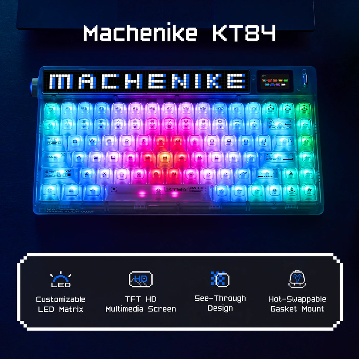 Clavier mécanique Machenike KT84-B84W 75 % - Blanc - Gateron Yellow, RGB, Tri-Mode