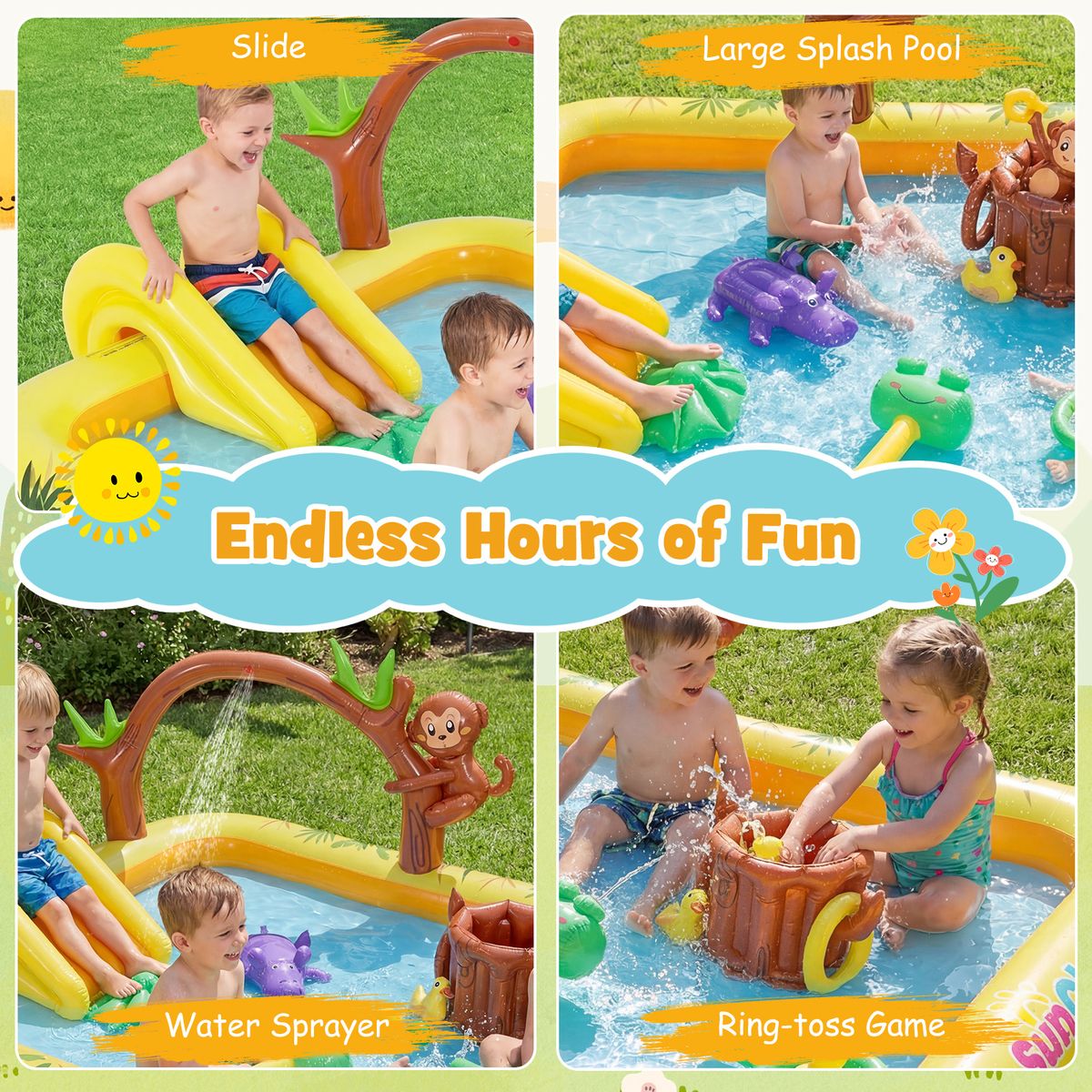 Centre de jeux gonflable Coast « Aventure dans la jungle » - Toboggan et brumisateur - Pour les enfants de 2 à 6 ans - Multicolore