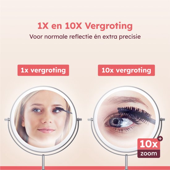 Fraay® XL Miroir de maquillage avec éclairage LED - grossissement 10x - Miroir grossissant avec lumière - rechargeable - Miroir de rasage - Miroir de salle de bain - Chrome