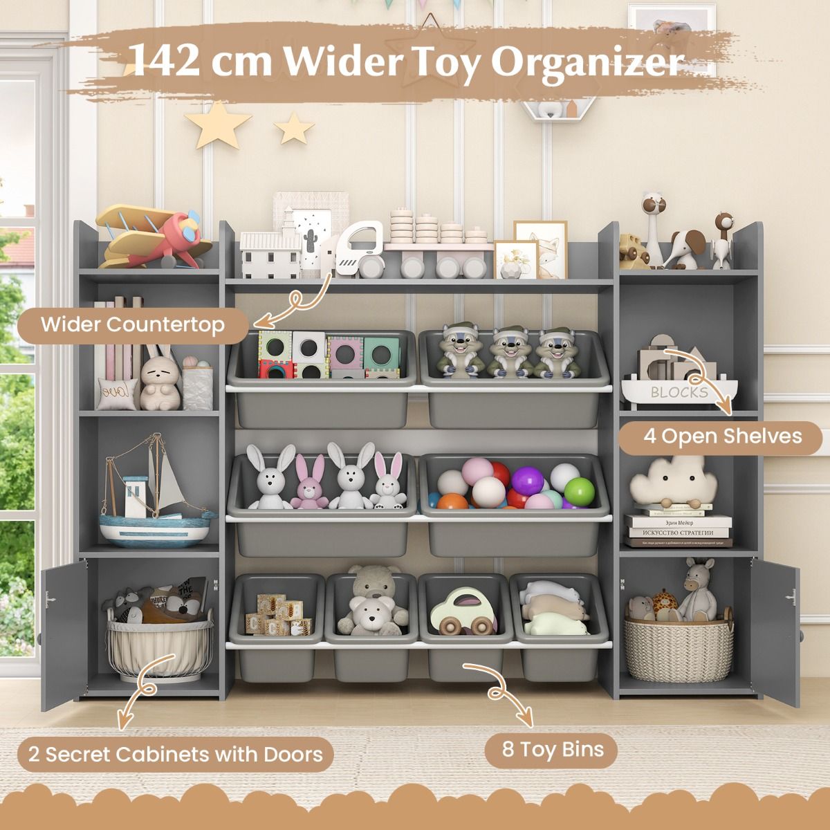 Armoire à jouets Coast à 4 niveaux - 8 bacs amovibles - étagère à livres - gris