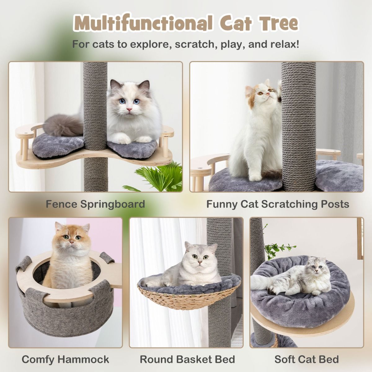 Arbre à chat Coast, du sol au plafond - hauteur réglable - 5 niveaux - gris et naturel