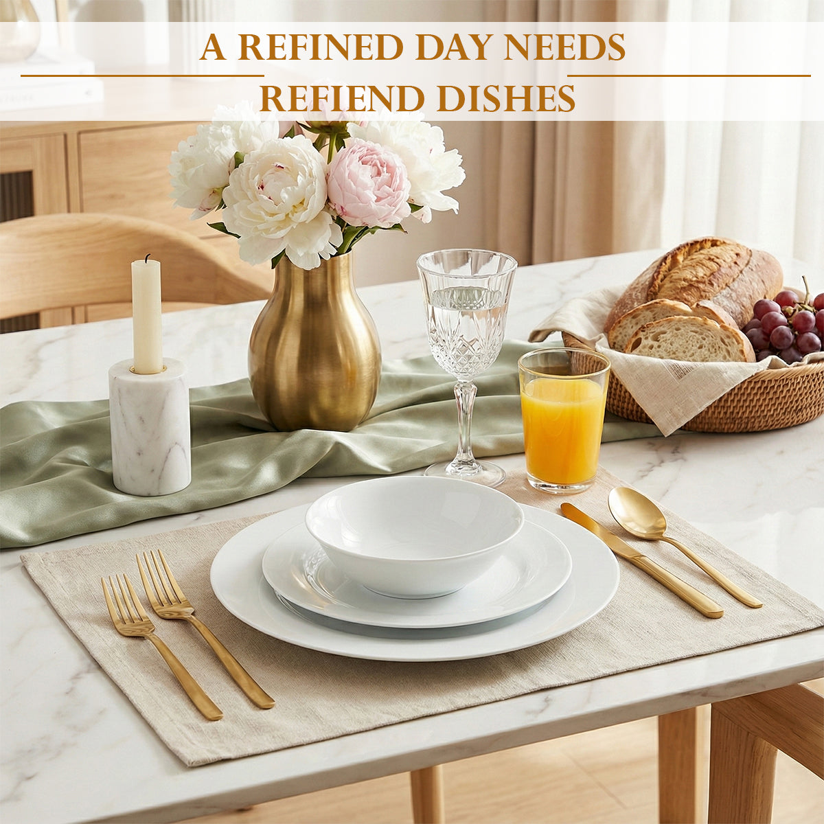 Service de table rond : élégantes assiettes et bols en céramique blanche