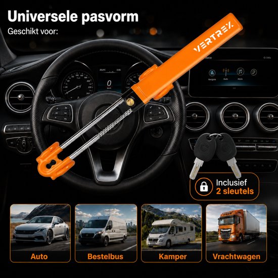 Antivol de direction Vertrex pour voiture - Antivol - Universel pour voiture et camping-car - Dissuasion visuelle - avec 2 clés