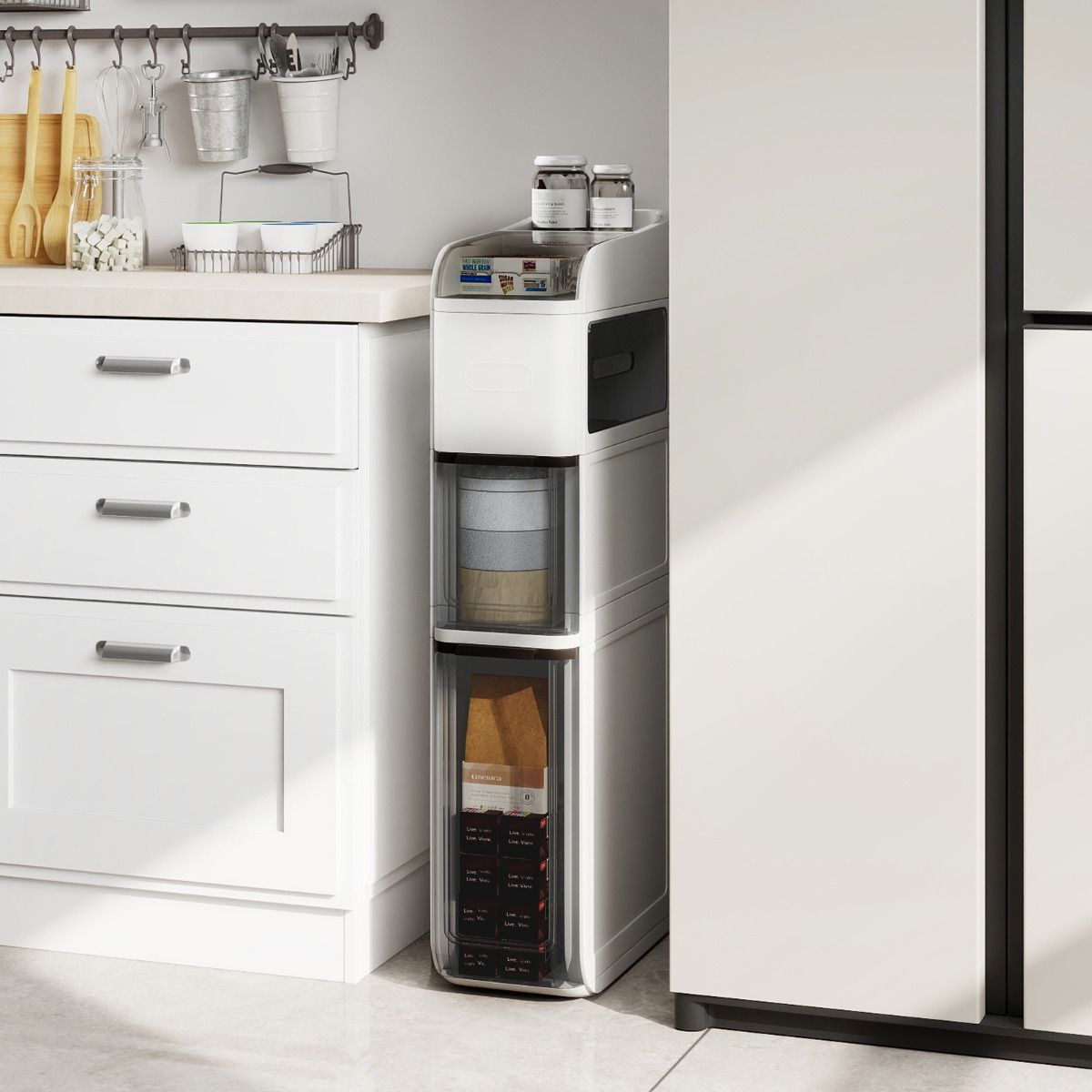 Armoire de salle de bain Coast sur roulettes - étagère à roulettes étroite à 4 niveaux - armoire de rangement peu encombrante - blanc/noir - 43 x 18 x 88 cm