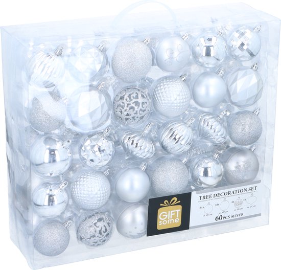 Giftsome Set de boules de Noël argentées - 60 boules de Noël en plastique - avec pic argenté - Décoration de Noël - Ø6/7 cm