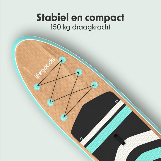 LifeGoods PaddlePro SUP Board - Planche à pagaie gonflable - Ensemble complet - Max. 150KG - 320x81cm - Bois/Vert Menthe