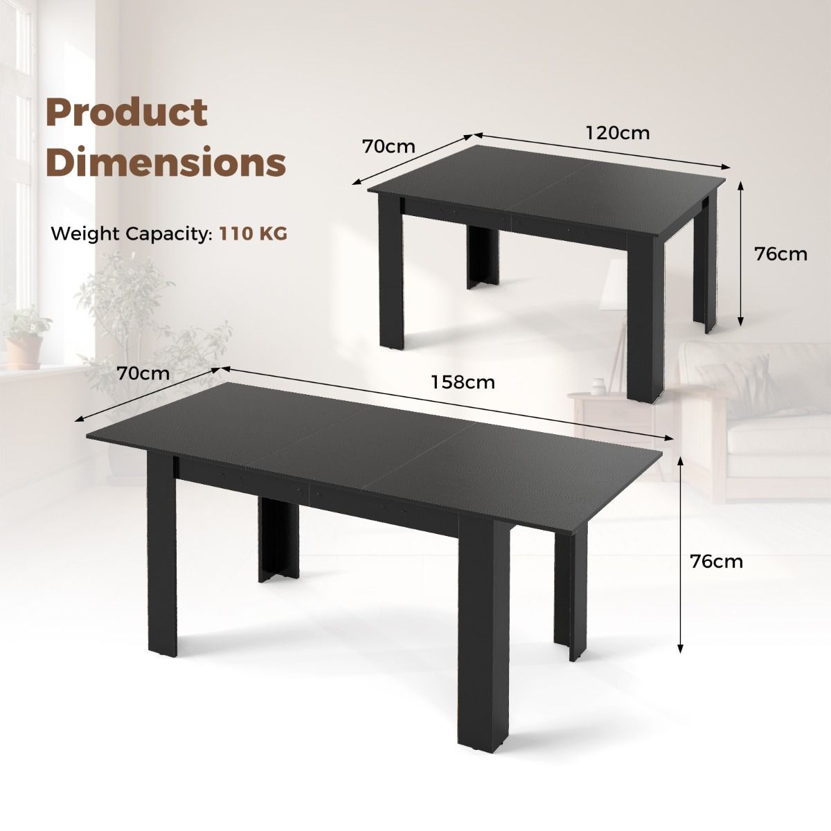 Table à manger extensible Coast - Plateau réglable - Pieds en L - Noir - 158 x 70 x 76 cm