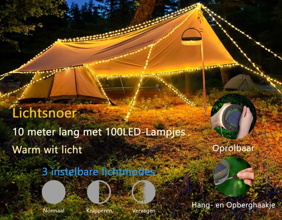 Tech Essentials String Solar Camping Light - 100LEDs - 10M - Warm-White Light - Tent Light - USB Rechargeable - With Remote Control - Retractable - Camping Light - Solar Pendant Light - Emergency