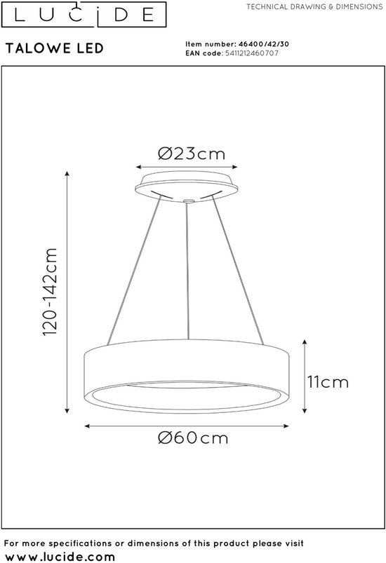Lucide TALOWE LED - Suspension - Ø 60 cm - LED à intensité variable - 1x39 W 3000 K - Noir