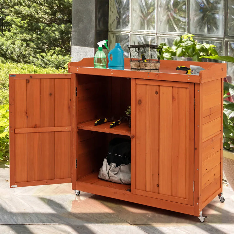 Armoire de rangement Coast - Bois - Déplaçable - Étagères - Roulettes - Jardin - Marron