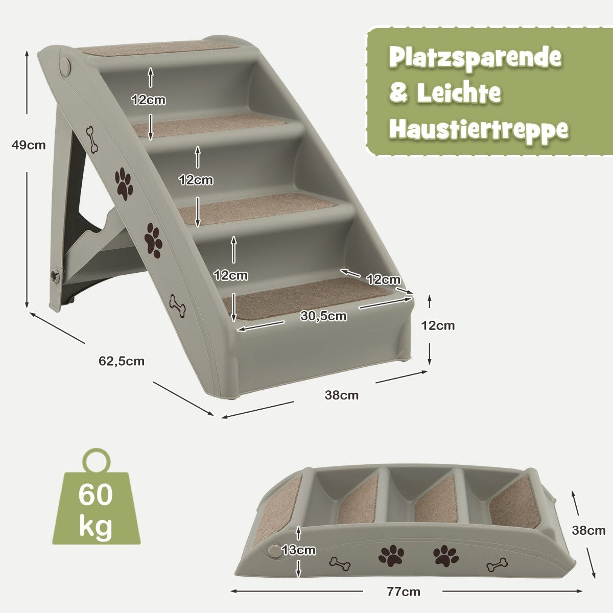 Coast Pet stairs with 4 steps portable climbing ladder safe hundred slope 62.5 x 38 x 49 cm grey