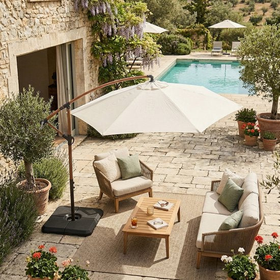 Parasol suspendu AXI Dion Ø 300 cm, aspect chêne/beige – Armature thermolaquée avec pied en croix