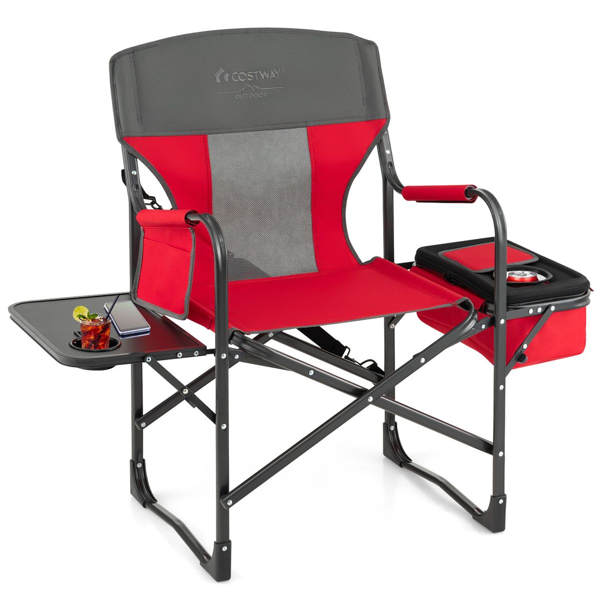 Chaise de camping Coast - avec table d'appoint et glacière - pliable - rouge