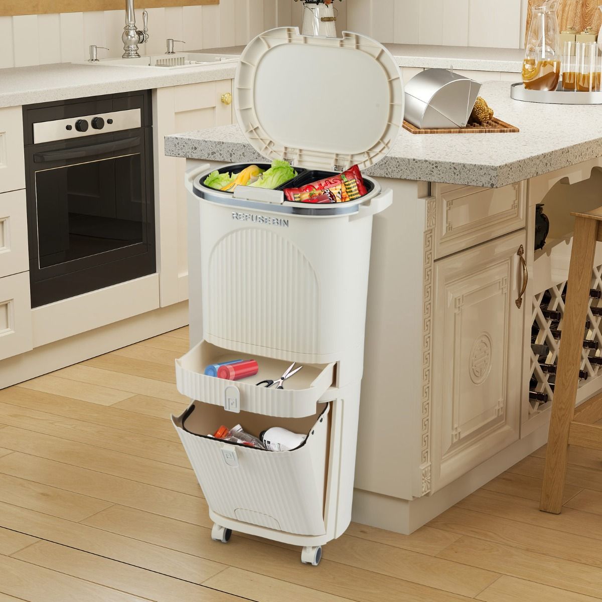 Poubelle de tri sélectif Coast - 3 compartiments - tiroir coulissant - pédale - beige - 42 litres