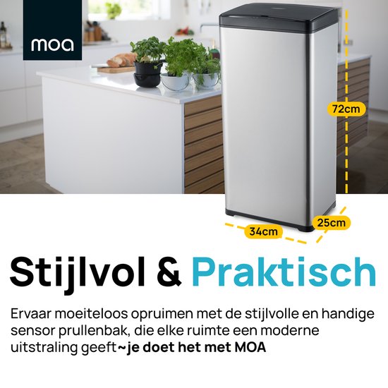 MOA Sensor Trash Can 50 Liter - Silent Lid - Delayed Close Mode - Stainless Steel & Durable ABS - Waste Bin - Garbage Can - Silver