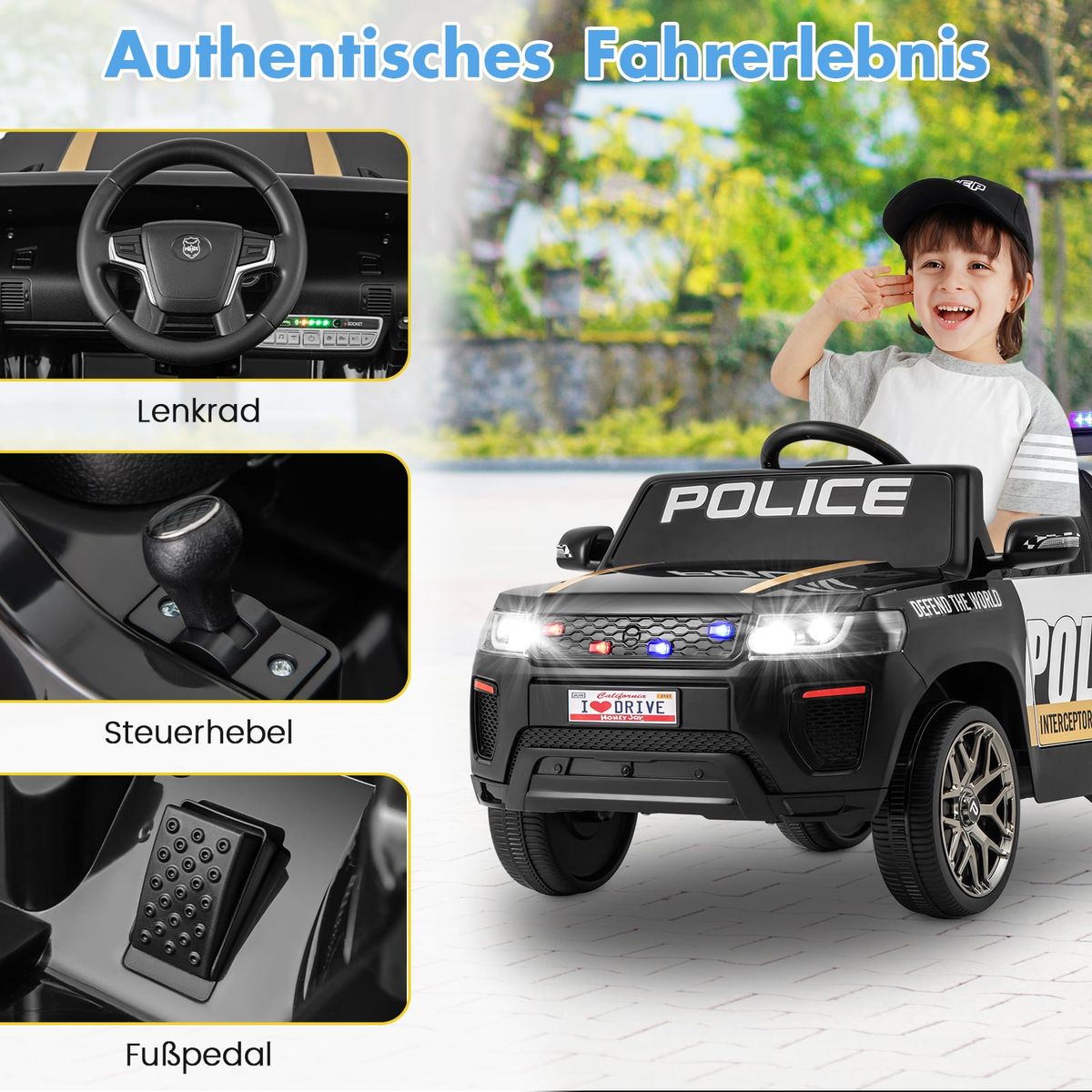 Voiture de police électrique pour enfants Coast - avec télécommande - sirène et éclairage LED - noire