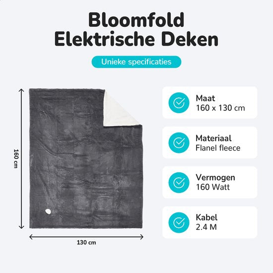 Couverture électrique Bloomfold - 160 x 130 cm - Lavable en machine - 1 personne - 9 niveaux - Avec minuterie - Couverture chauffante - Gris/flanelle