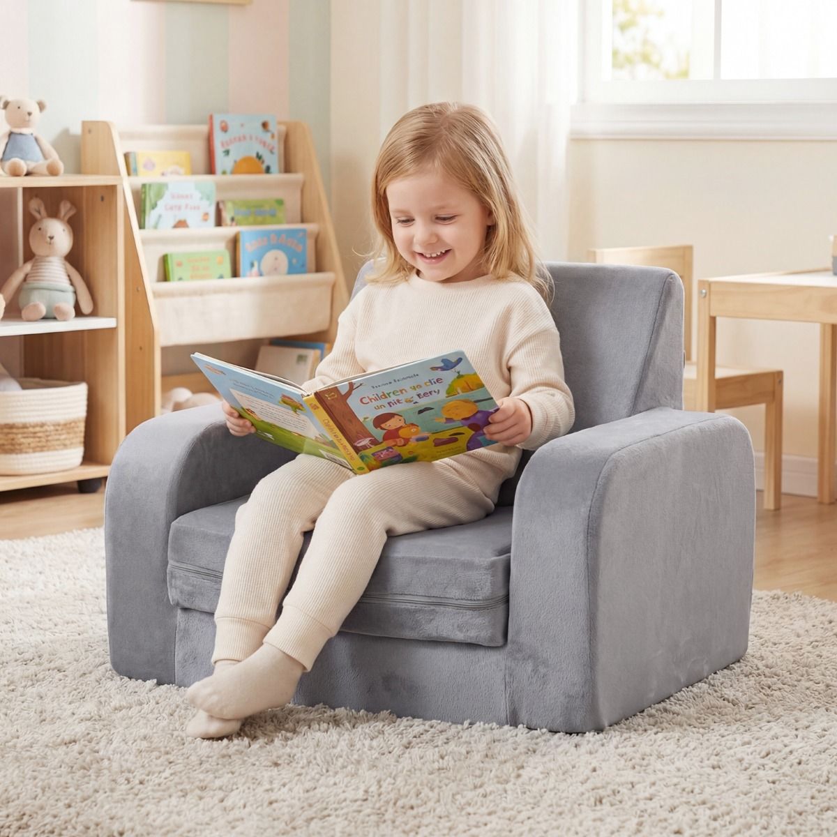 Banquette pliante pour enfants Coast - Banquette 3-en-1 : banquette, fauteuil lounge et lit d'enfant - Velours cristal ultra-doux - Gris
