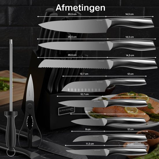Set de couteaux de cuisine Erikssøn avec bloc de cuisine - 16 pièces - résistant aux rayures - couteaux de cuisine - couteau de chef - couteau à viande - noir