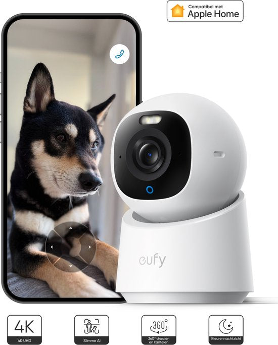 Caméra d'intérieur Eufy Security E30 - Indoor Cam - Caméra pour animaux de compagnie avec application - Petcam - 4K UHD - Panoramique et inclinaison - Détection IA des personnes et des animaux de compagnie - Vision nocturne en couleur - Compatible avec Ap