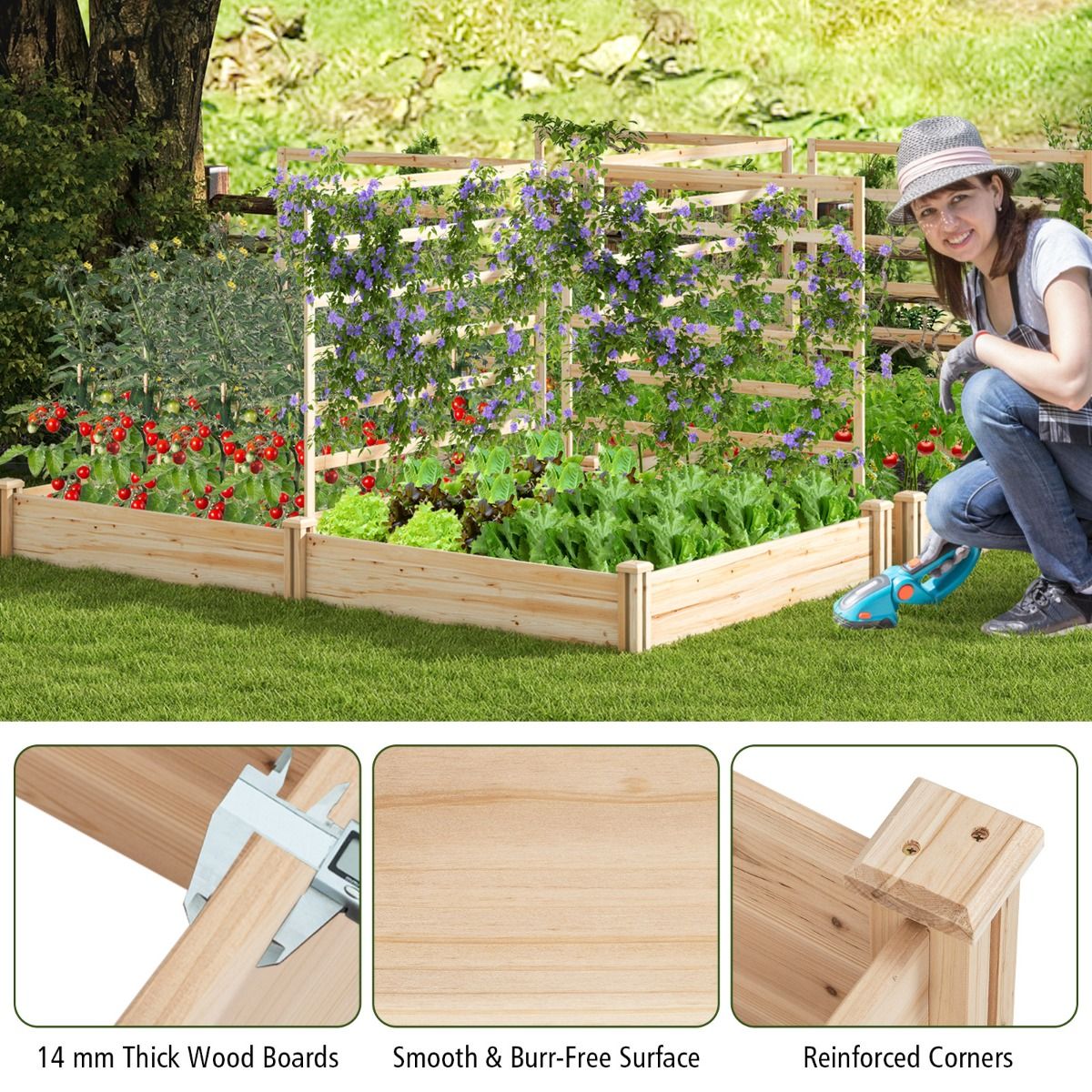 Jardinière en bois Coast avec 3 treillis - Potager surélevé - Fond ouvert - Bois de pin naturel - 222 x 114 x 110 cm