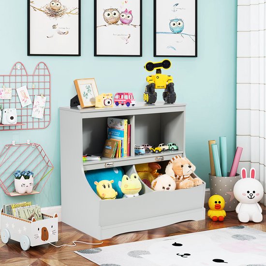 COSTWAY Étagère pour enfants, étagère à jouets avec 4 compartiments, étagère à livres pour enfants, étagère de rangement, organisateur de jouets pour la chambre d'enfant et la salle de jeux, 67 x 40 x 62 cm, gris