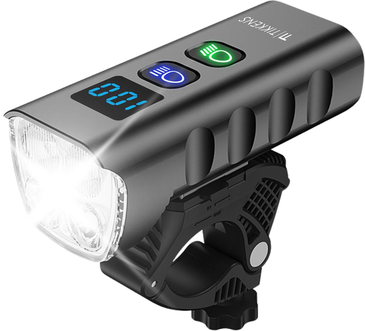 Éclairage de vélo LED Tikkens 1 600 lumens - Rechargeable via USB-C avec batterie externe - Étanche IP65 - 10 x 4,4 x 4 cm - Noir