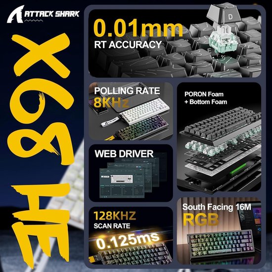 ATTACK SHARK X68HE - Clavier gaming filaire à commutateurs magnétiques - 66 touches - Touches PBT imprimées sur le côté - RGB - Lanière décorative - 8 kHz - 0,01 mm RT - 0,125 ms - Moonlit Night