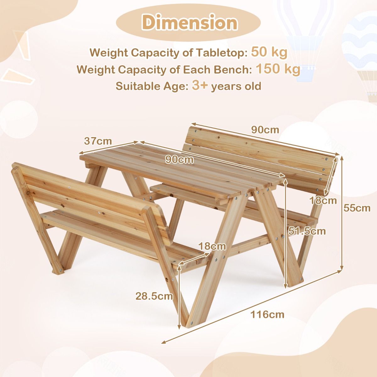 Table de pique-nique pour enfants Coast - ensemble de table et bancs en bois pour tout-petits - avec dossier - couleur naturelle