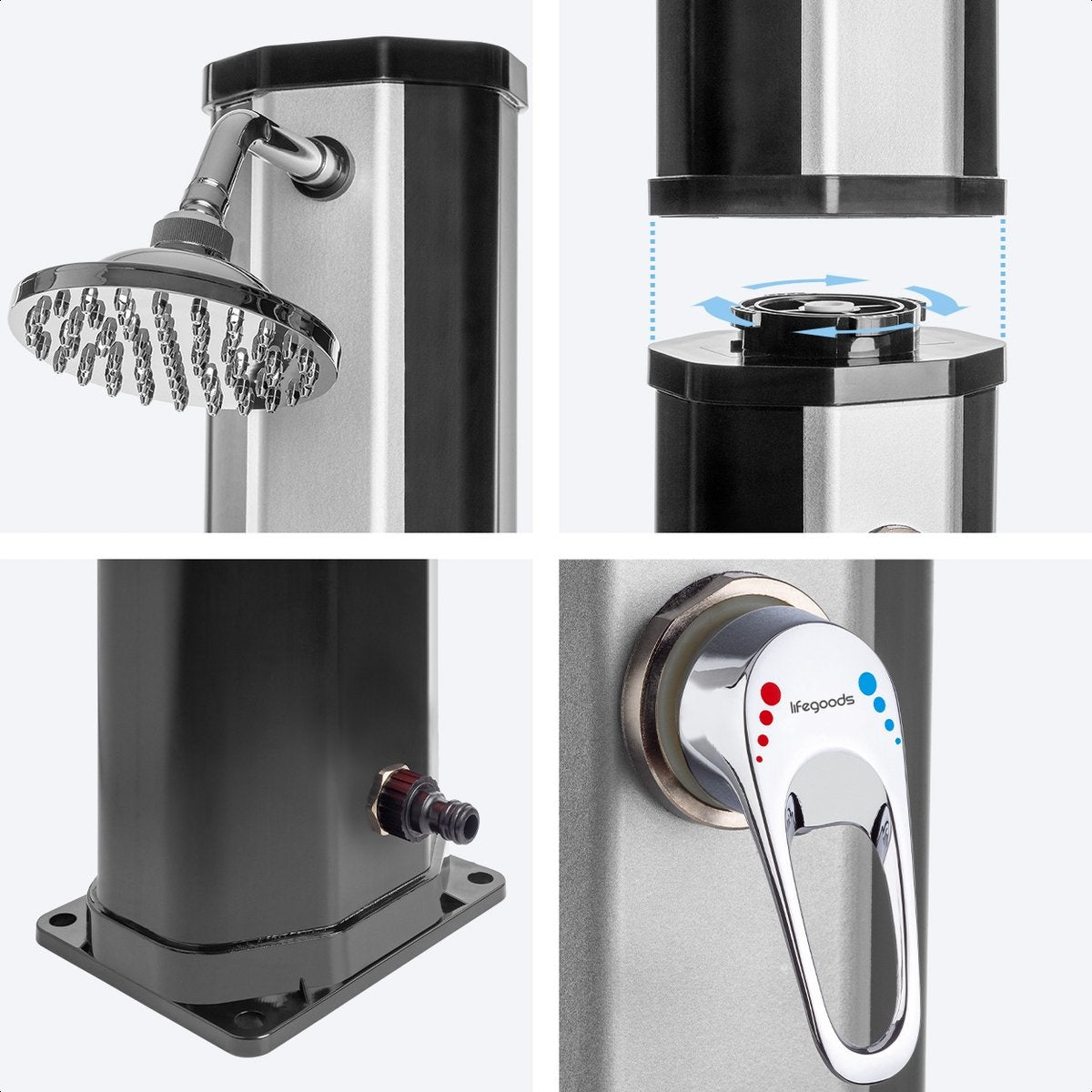 LifeGoods Douche extérieure - solaire - pommeau de douche rotatif à 360° - 35L - Noir/Argent