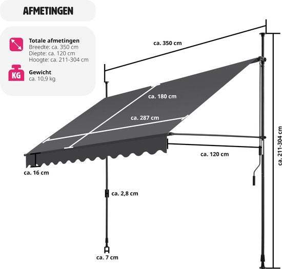 tectake - store à pinces - parasol - store - réglable - store à pinces - parasol balcon - 350 x 180 cm - noir gris - store - 404968