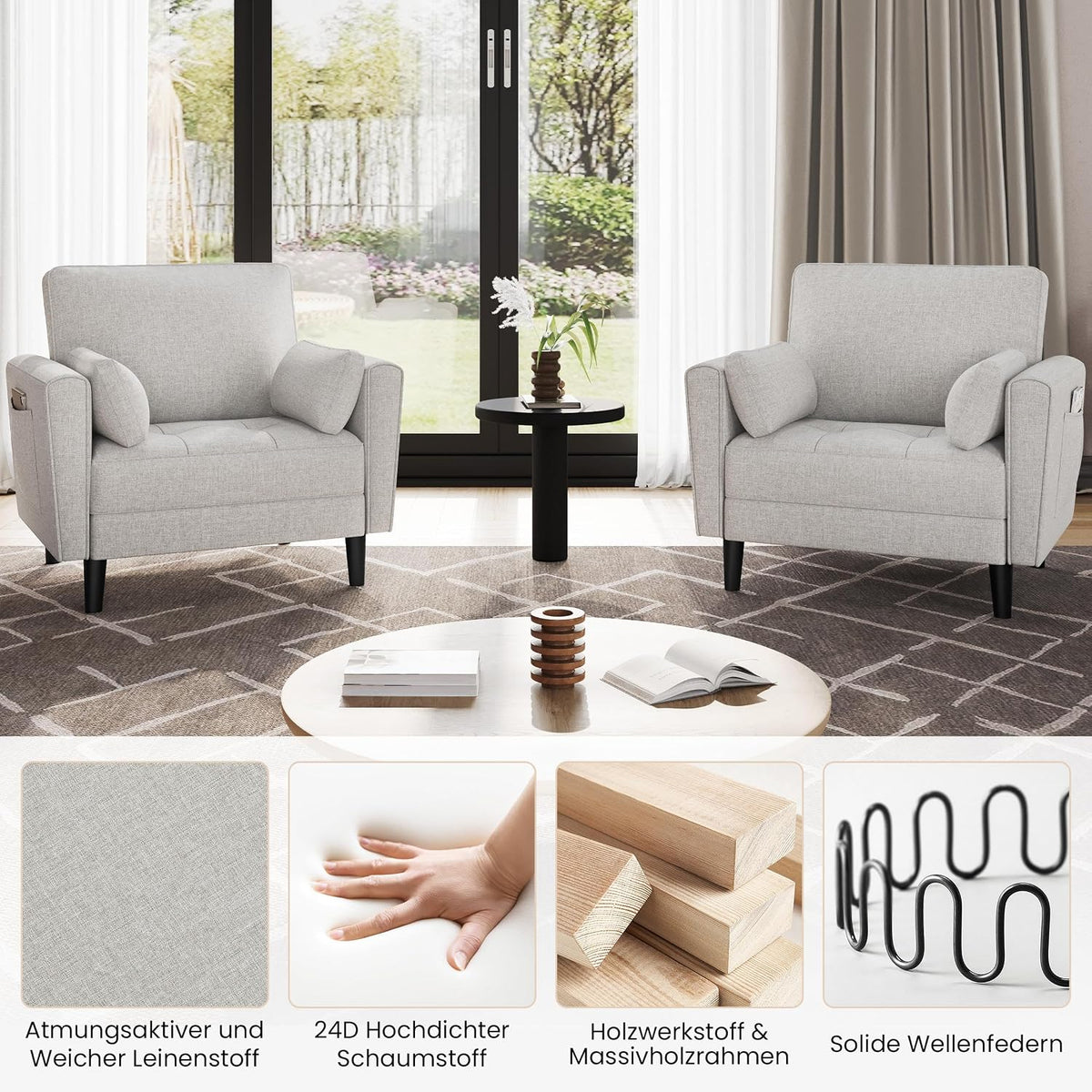 Canapé deux places Yaheetech en lin - Gris-beige - 102,5 x 75 x 85,5 cm - Avec 2 coussins et des poches latérales