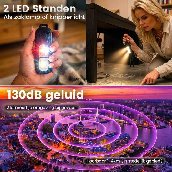 Porte-clés d'alarme personnelle 130 dB - Autodéfense pour femmes - Spray au poivre - Alarme de poche rechargeable avec lampe de poche