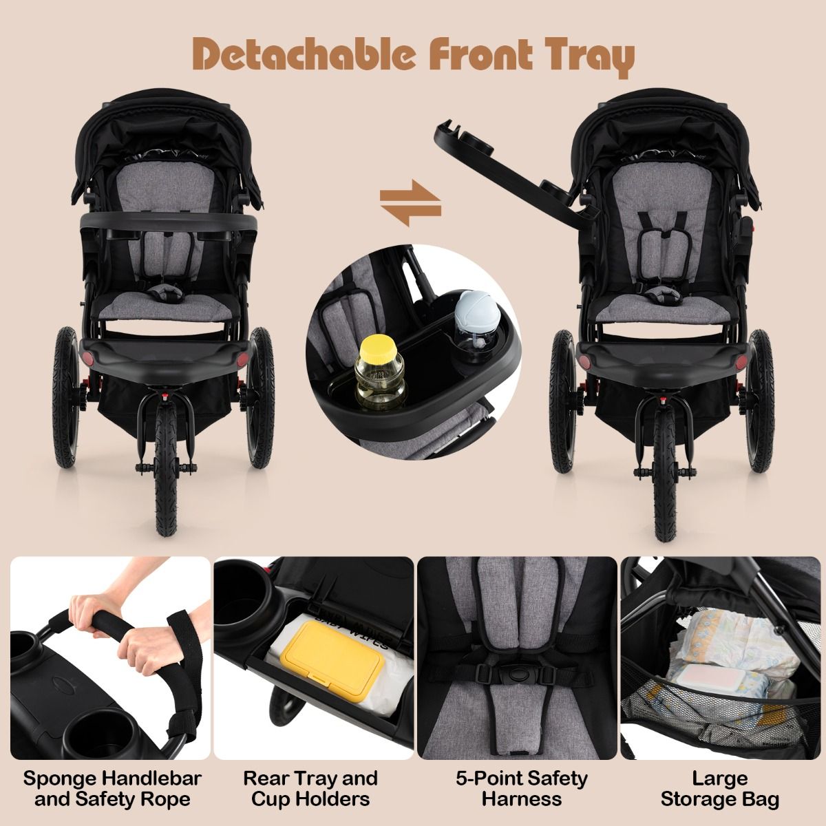 Poussette de jogging Coast - Poussette pliable - Capote réglable - Siège inclinable - Noir