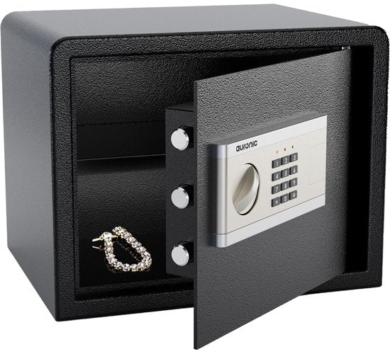 Coffre Électronique Auronic - Serrure à Combinaison - Clé - Fixation Murale - Porte 4,3cm - Alarme 130dB - 28L - 30x38x30cm - 10KG - Acier - Noir