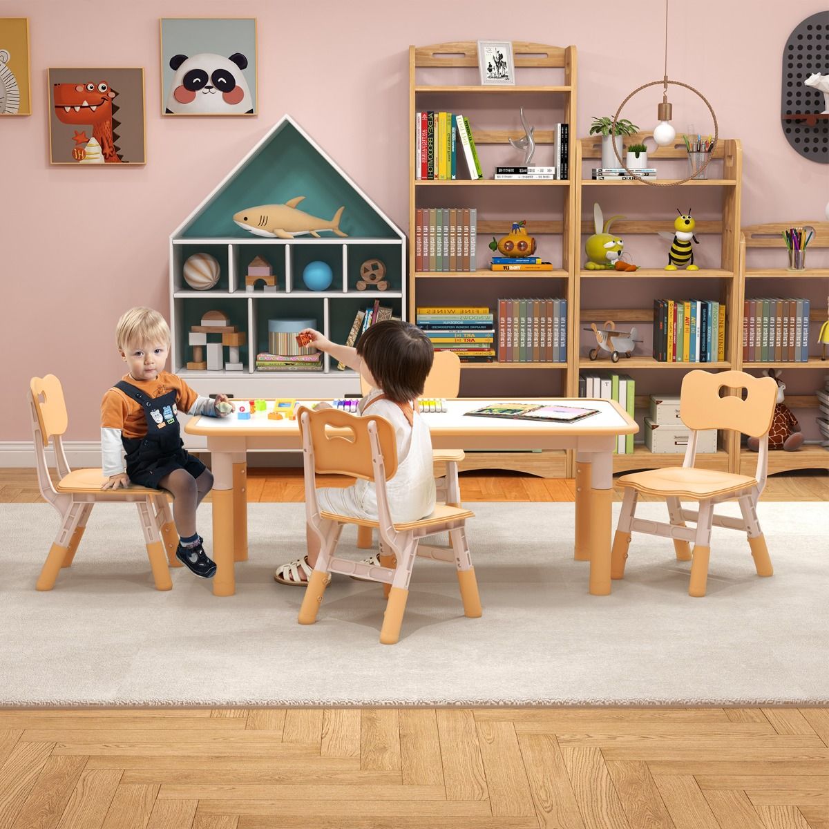 Ensemble Coast : table pour enfants et 4 chaises - Réglable en hauteur - Plateau « Graffiti » - 120 x 60 cm - Vert