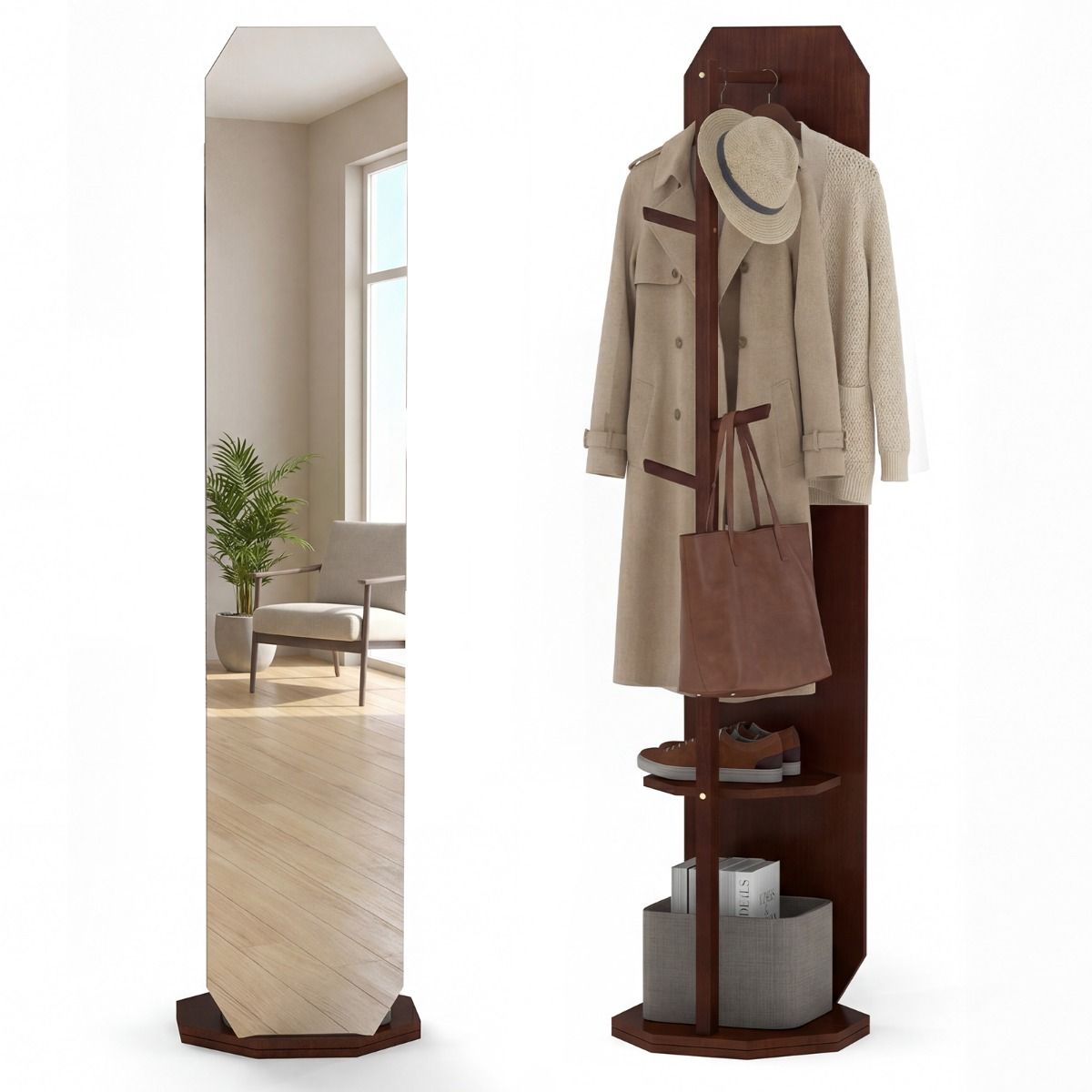 Miroir en pied Coast avec pied - Armoire 3-en-1 - Pivotant à 360° - Noyer