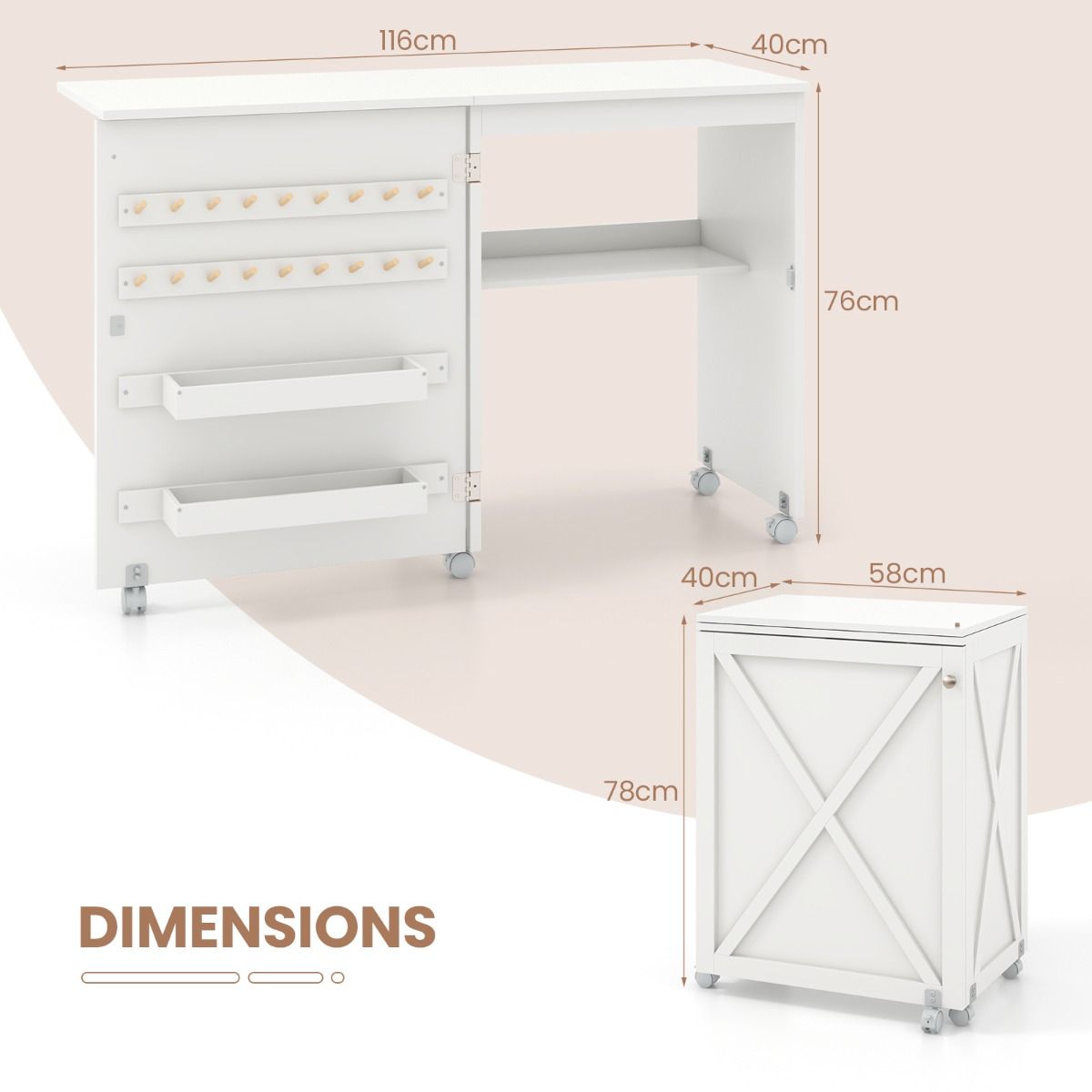 Table de couture pliable Coast avec porte de rangement - 5 roulettes verrouillables - blanche