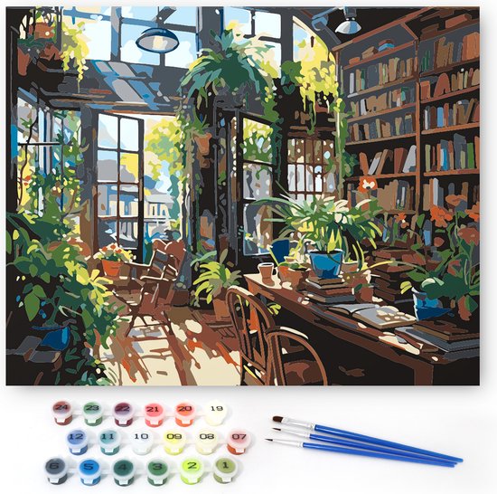 Rubye® Painting By Number Adults - Bibliothèque - Pinceaux inclus - Toile Peinture sur toile - Colour by Number - 50x40cm