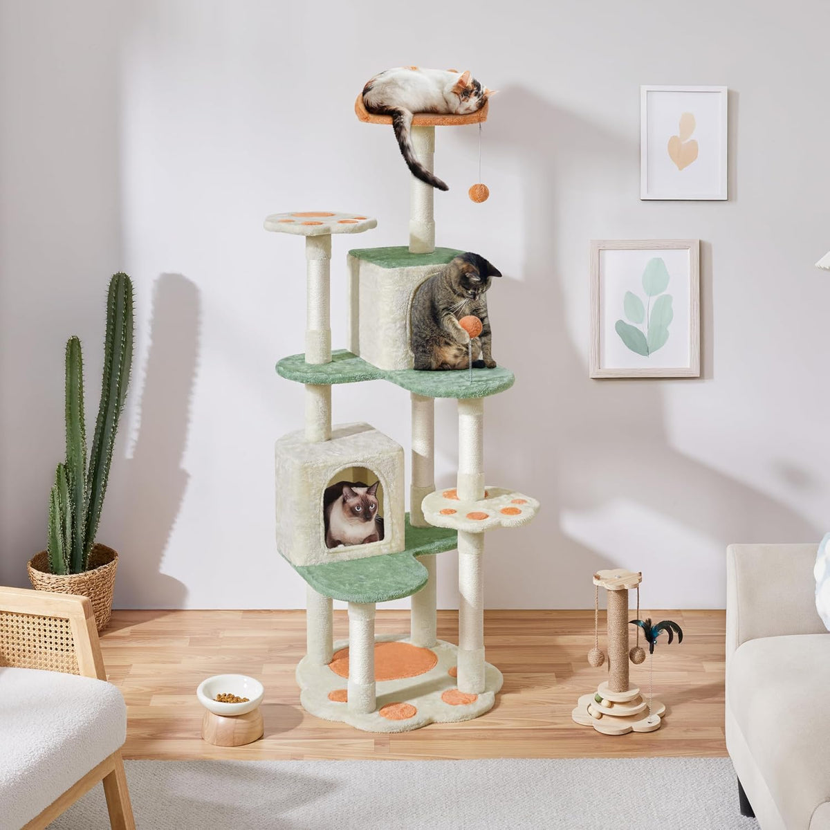 Yaheetech : Arbre à chat avec motif de pattes et maisonnettes pour chats - 59,5 x 55,5 x 164 cm - Beige/vert