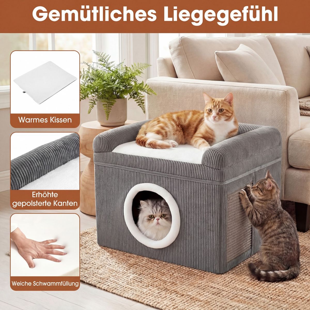 Maison pliable pour chat Coast - avec tapis à griffer en sisal - coussin moelleux et bords surélevés - gris