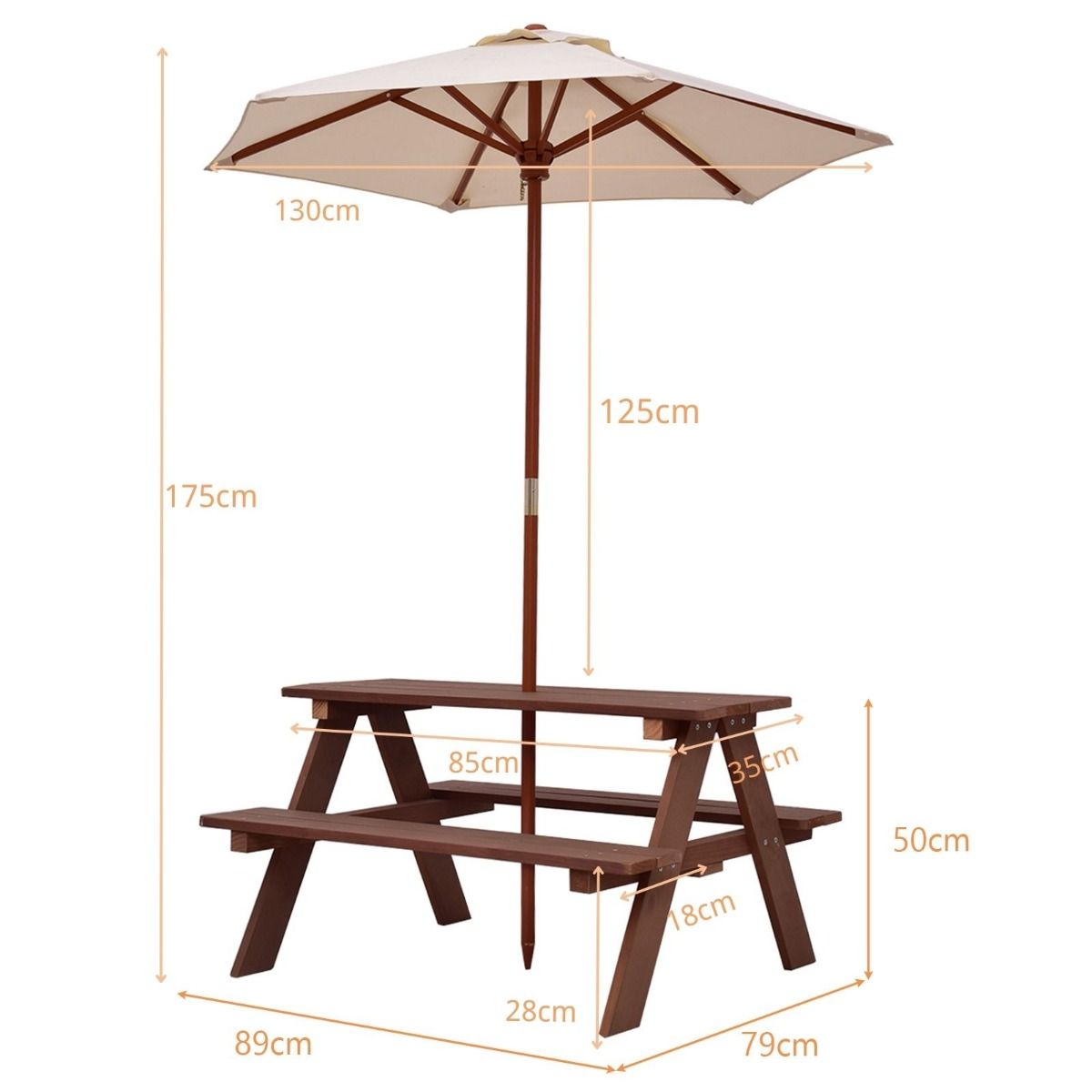 Table de pique-nique pour enfants Coast - Table d'extérieur 3-en-1 avec parasol amovible - bancs en bois - couleur noyer