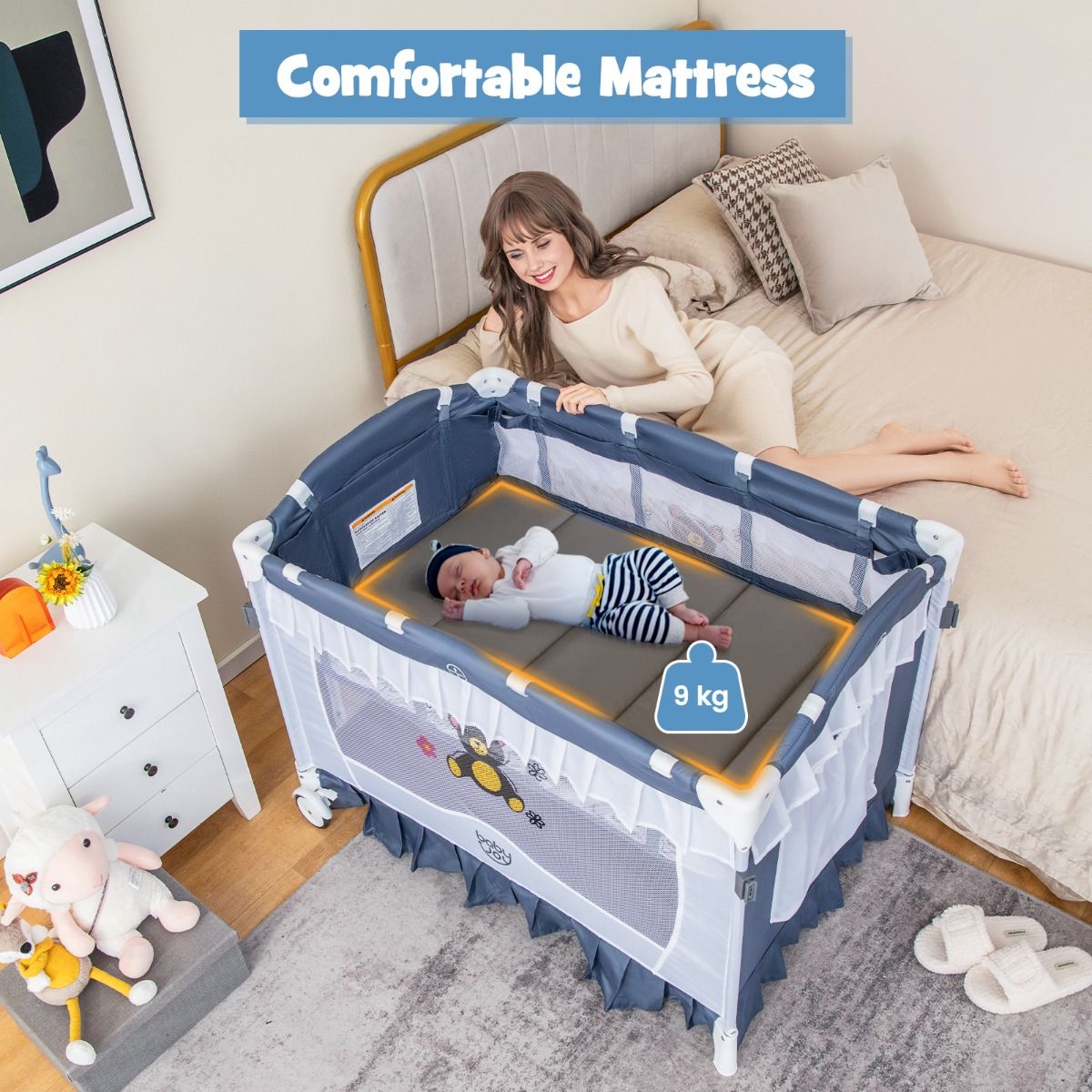 Lit pliant Coast - Lit bébé 4-en-1 avec table à langer et boîte à musique - gris