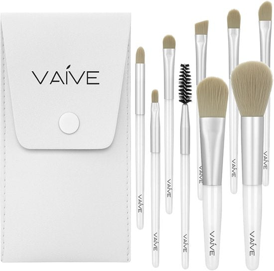 Ensemble de pinceaux de maquillage Vaive, 9 pièces - Pinceaux vegan - Pinceaux pour fond de teint, ombre à paupières, blush, kabuki et poudre bronzante - avec trousse - Blanc