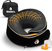 TRAVARA Oreiller de cou - Oreiller de voyage - Pour l'avion - La voiture - Mousse à mémoire de forme - Avec bouchons d'oreille - Noir
