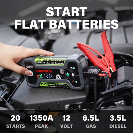 Lokithor Jumpstarter J1350 PRO - 12 V 1 350 A LiFePO4 - Batterie externe 30 W - Pour voiture, essence jusqu'à 6,5 L et diesel jusqu'à 3,5 L - Lampe de poche LED
